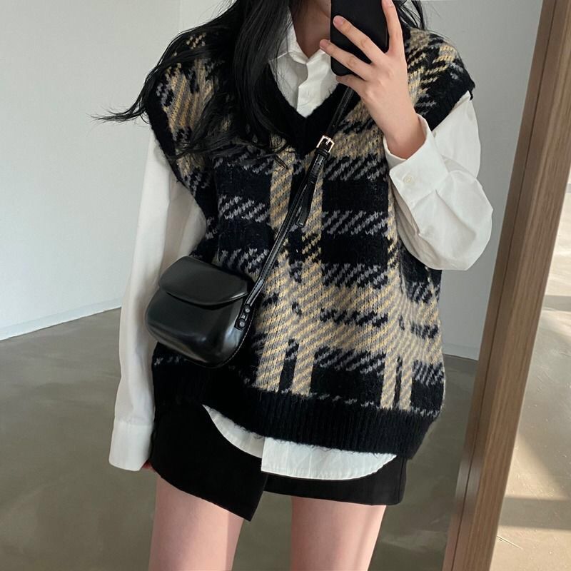 Plaid Lady Sweaters Tops 2025  - Women Formal Wear Korean avaliação e preço
