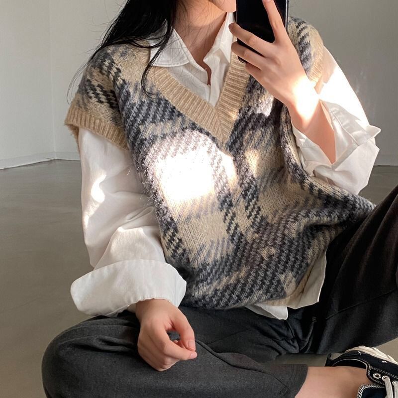 Plaid Lady Sweaters Tops 2025  - Women Formal Wear Korean avaliação e preço