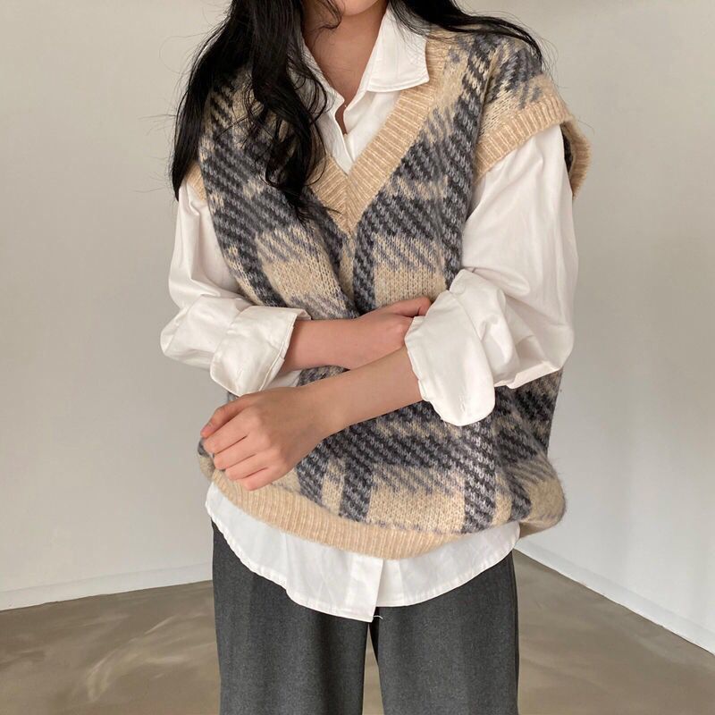 Plaid Lady Sweaters Tops 2025  - Women Formal Wear Korean avaliação e preço