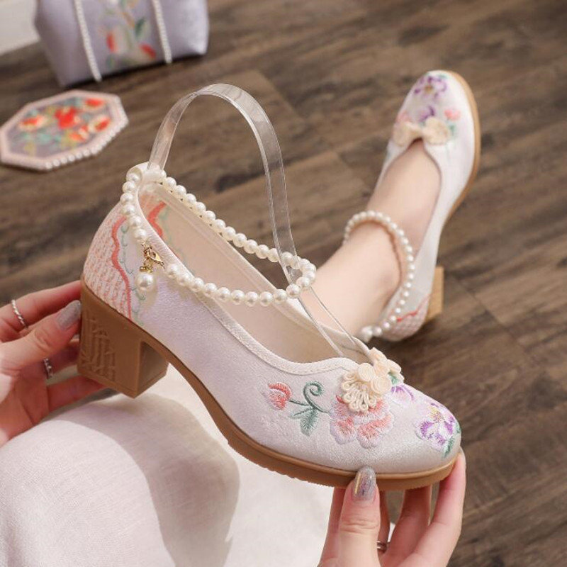 Women Vintage Pearls Ankle Str - Pump Heel Block avaliação e preço