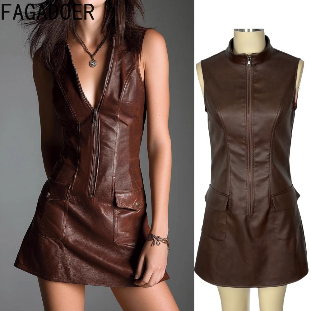 FAGADOER Fashion Leather Zippe - Shift Dress Sleeveless avaliação e preço