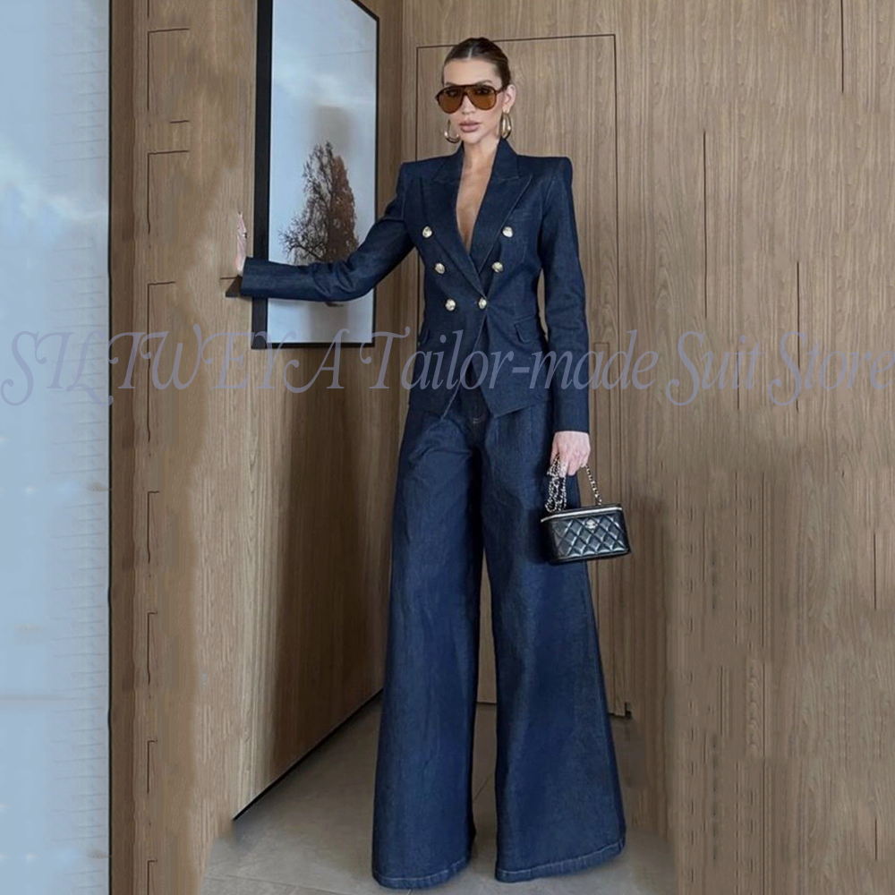 Women Pant Suits Blue Denim 2  - Women Formal Wear Korean avaliação e preço